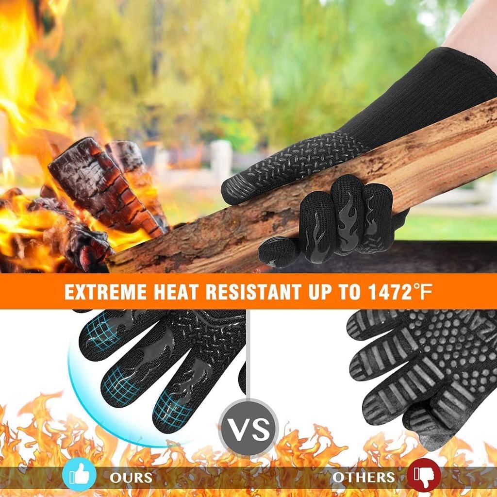 HAMITOR BBQ Grill Gloves Heat Resistant: 1472℉ High Temp Resistance Fireproof Glove for Grilling Smoking Barbecue - Washable Long Oven Mitts
