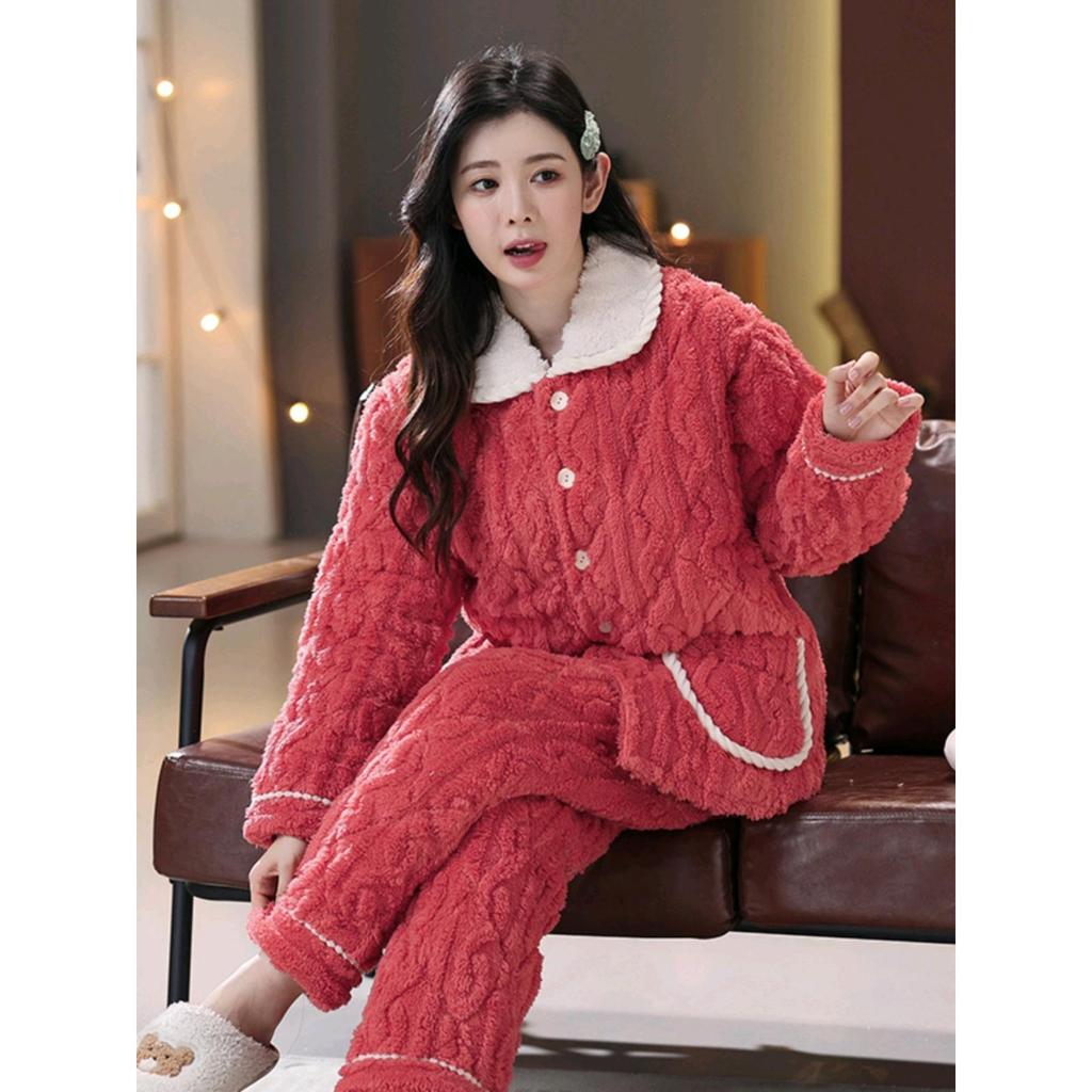 Pajamas Women's Winter Three-layer Thickened Padded Jacket Coral Fleece Lapel Super Warm Can Be Worn Outside Loungewear