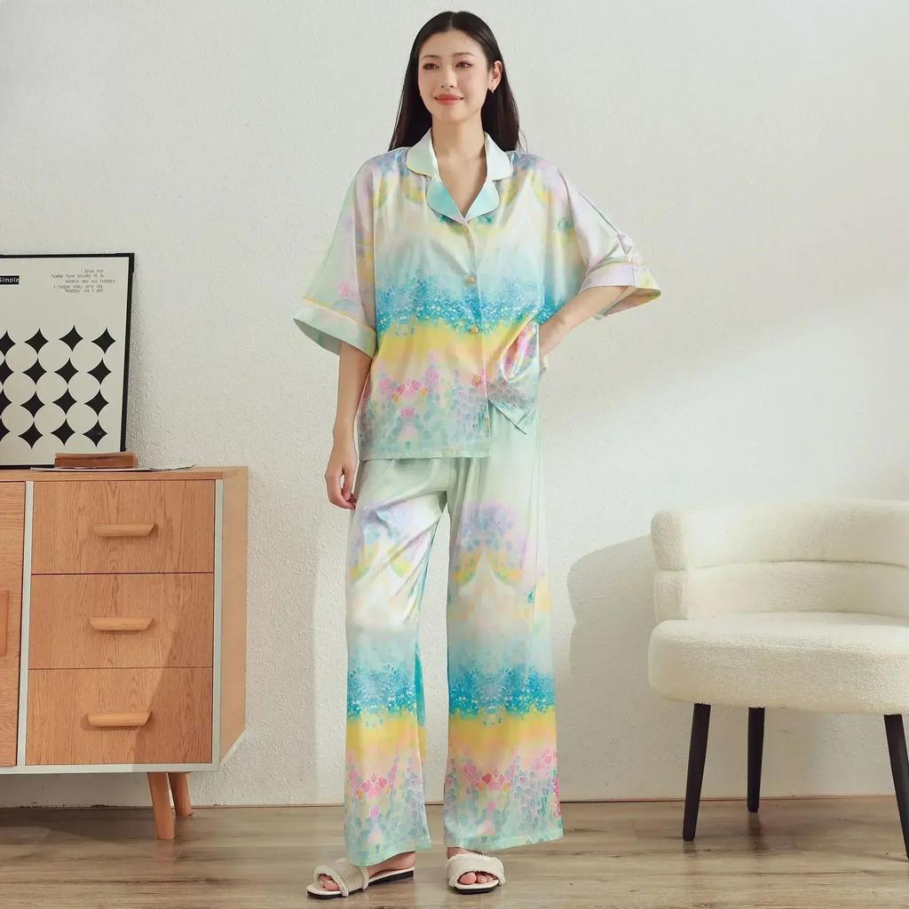 Neue französische Damen-Nachtwäsche Eis-Seide bedrucktes Mittelarm-Set mit hochwertigem Gefühl, Ins-Stil Revers Hausanzug Set Pyjama