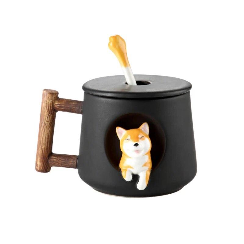 Niedliche Cartoon-Tier-Shiba-Inu-Keramikbecher, kreative Männer und Frauen, Paar mit Deckel, Löffel, Trinkwasser, Kaffeetasse