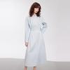 Elle Elegant Double Belt Stand Collar Spliced Midi Long Sleeve Dress Women dress Light-Blue EL50549