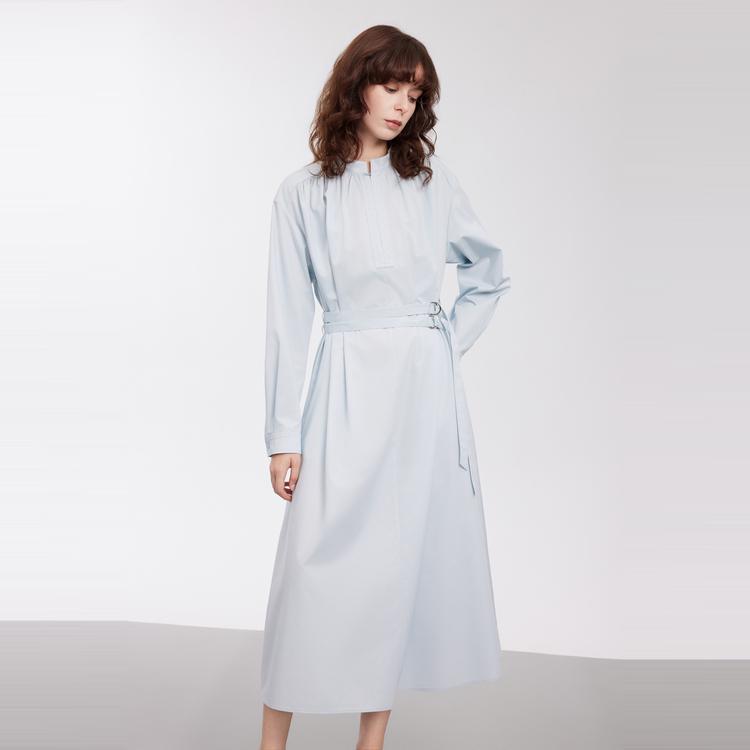 Elle Elegant Double Belt Stand Collar Spliced Midi Long Sleeve Dress Women dress Light-Blue EL50549