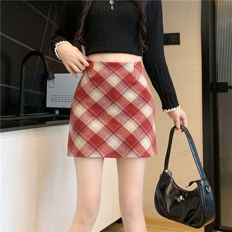 2025 Women's High Waist Plaid A-Line Wool Midi Skirt for Spring, Summer, and Autumn