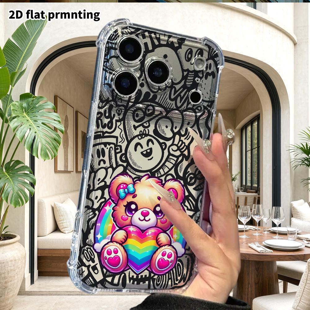 Phone Case: 2D Flat Suitable for iPhone 18 17 16 15 14 13 Pro, Transparent Corner Protection Case, Rainbow Heart Bear, Christmas and Halloween Gifts