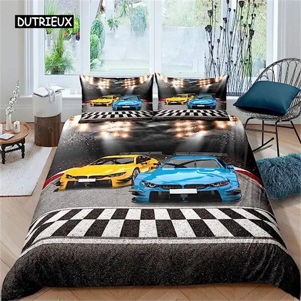 

Пододеяльник для гоночного мотоцикла, гоночный автомобиль, соревнования, экстремальные виды спорта, черно-белая клетка, для мальчика, мужчины, красный автомобиль, декор комнаты AU Single(140x210cm)