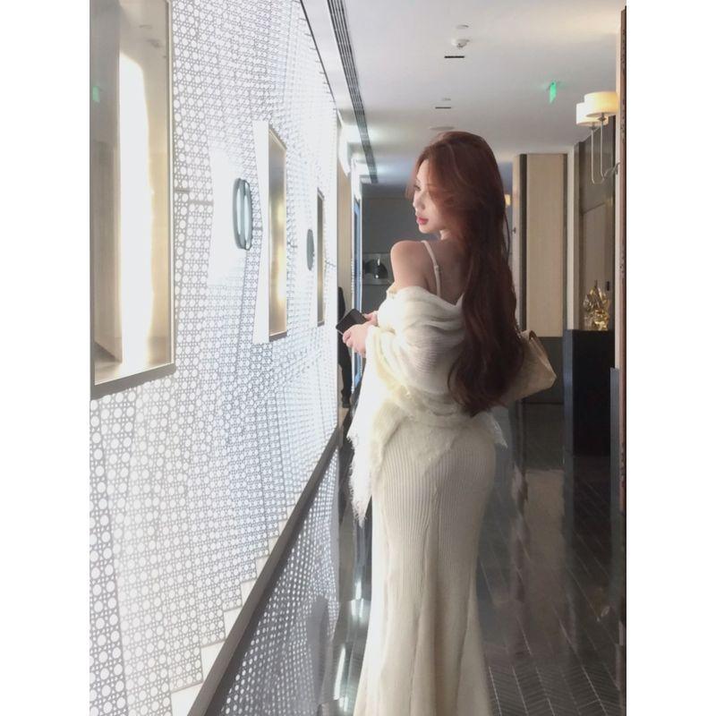 Kumikumi Pure Desire Style Suit Temperament Long Sleeve Knitting Cardigan Women's Autumn Lace Sling Dress Two-piece Set