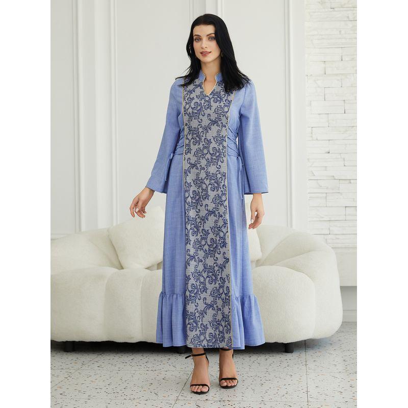 

European and American New Fashion Casual Loose Patchwork Print Waist Hugging Dress Spinning Printed Dress Blue 2XL