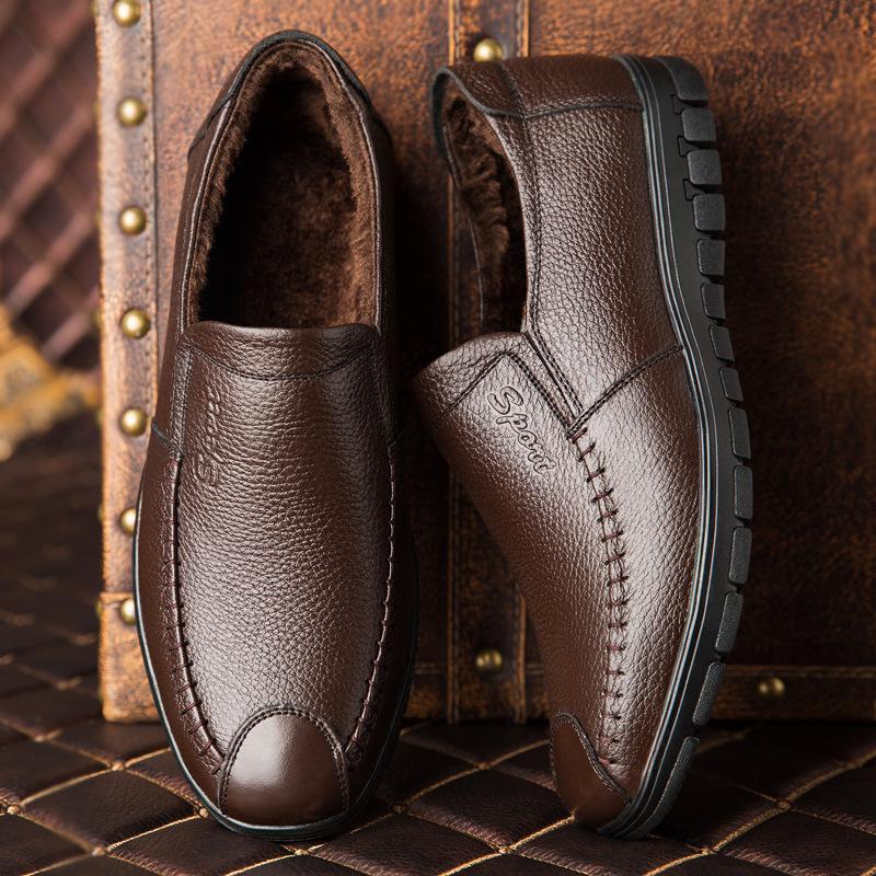 Fashion Winter Warm Fur Loafers Men Leather Casual Shoes Men Walking Footwear Non-slip Thick Sole Warm Men's Sneakers Leather Moccasins