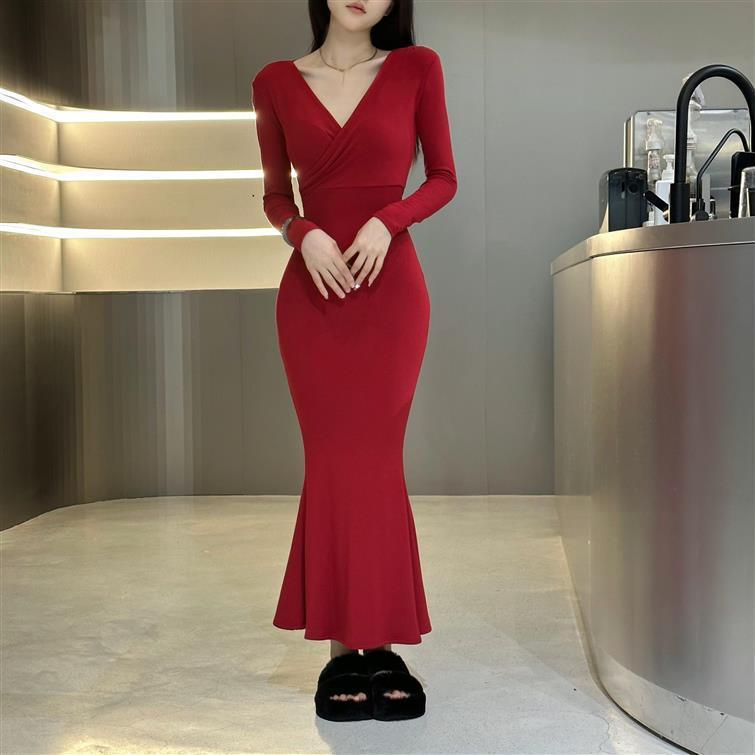 Sexy Spice Girl Red Foreign Style V-Neck Long Sleeve Dress Women's Spring New Slim and Skinny Hip Wrap Long Skirt