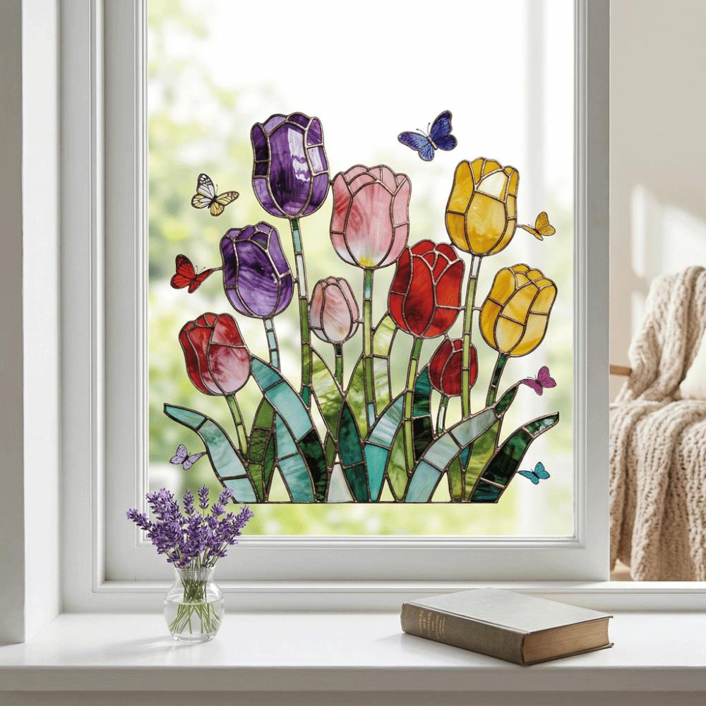 Self-adhesive Tulip Glass Stickers Waterproof Tulip Butterfly Wallpaper Tulip Window Decals Window