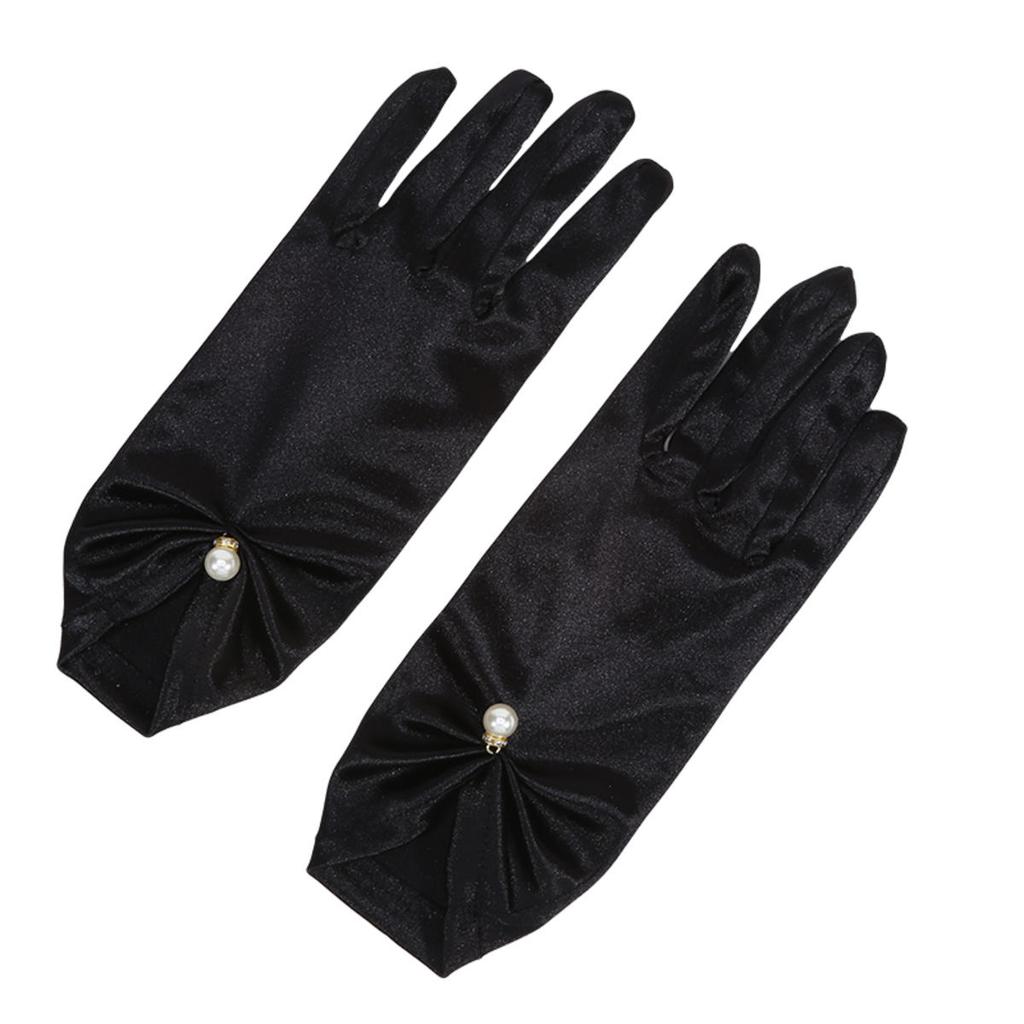 Women Elegant Satin Short Mittens Faux Pearl Pendant Decoration Solid Color Etiquette Gloves Dinner Party Opera Wedding Stage Performance
