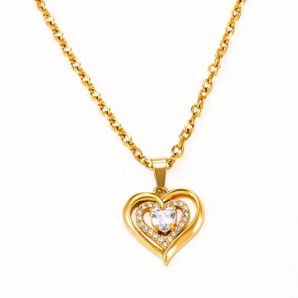 18K Gold Plated Heart Pendant Necklace with Diamonds, Stainless Steel, Colorfast Jewelry