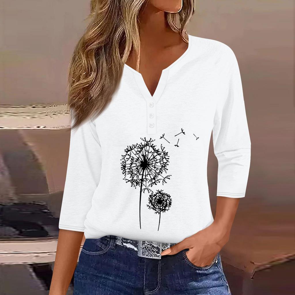 Women's T Shirt Tee Print Button  3/4 SleeveDaily Weekend Fashion Basic V- Neck Regular Top