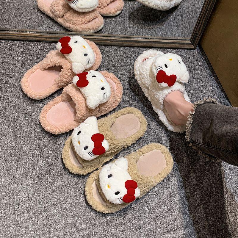 High-value Xiaoxiangfeng flat-bottomed cotton slippers, cute cartoon kitten soft bottom one-word drag girl