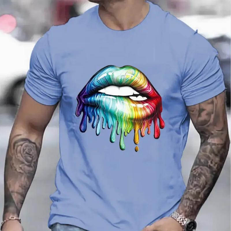 New Summer Men's Fashion T-shirt Personality Painted Lips Printed Men's T-shirt Top