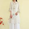 Zen-style Frog Button Retro Shirt Spring/summer Mid-length Embroidered Ethnic Style Three-quarter Sleeve Stand Collar Top for Women