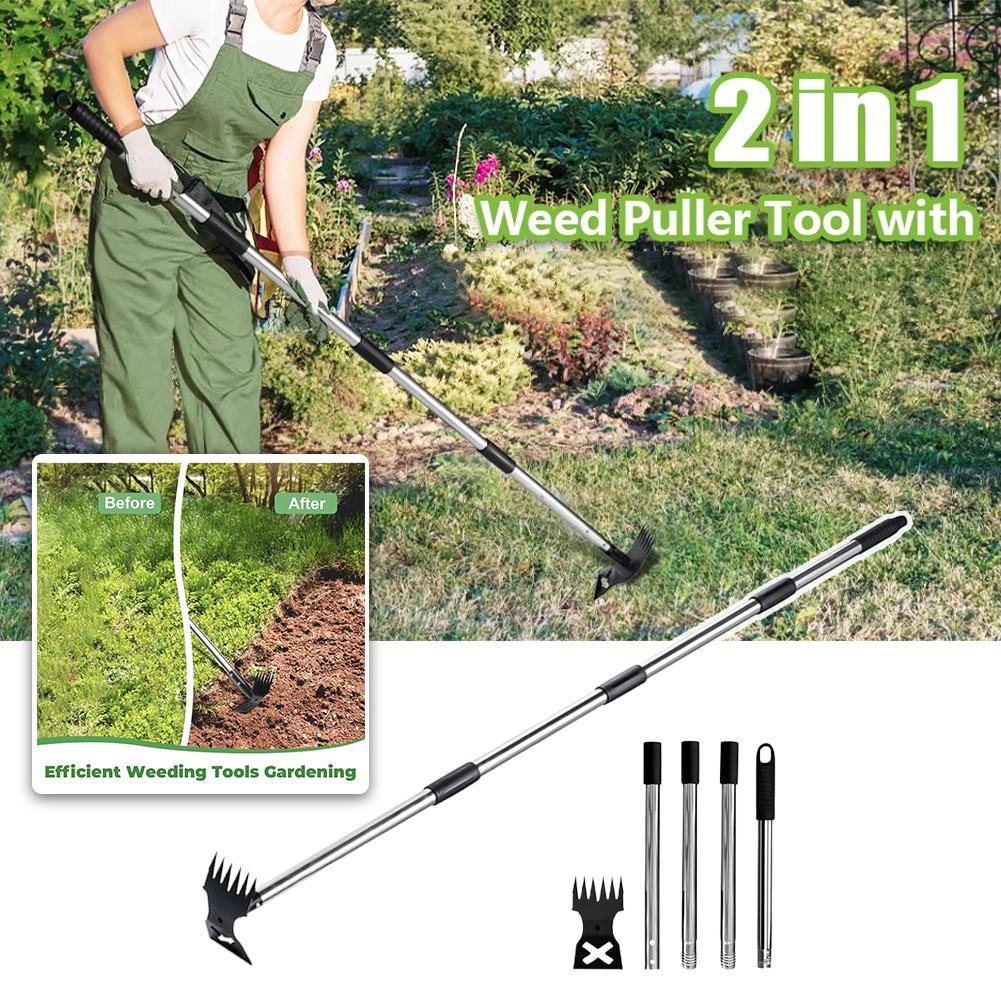 2 in 1 Weed Puller Tool with Long Handle, Hand Weed Rake and Hoe Uprooting Pulling Weed Remover Tool for Yard Patio Lawn Garden