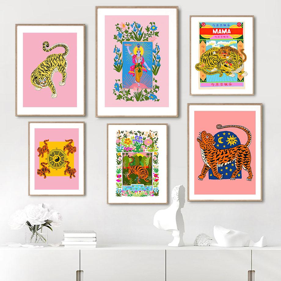 Tiger Mother Cartoon Animal Pink Wild Tiger Snake Wall Art Canvas Painting Nordic Posters Prints Pictures Kids Living Room Decor No Frame