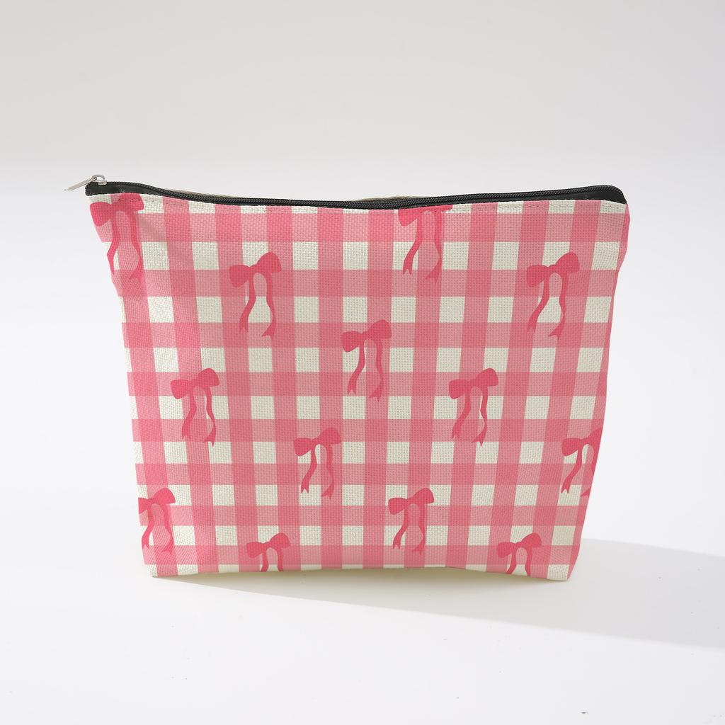Pink Bowknot Zipper Storage Bag Travel Portable Wash Pouch Student Pencil Case Multi-Purpose Organizer for Women