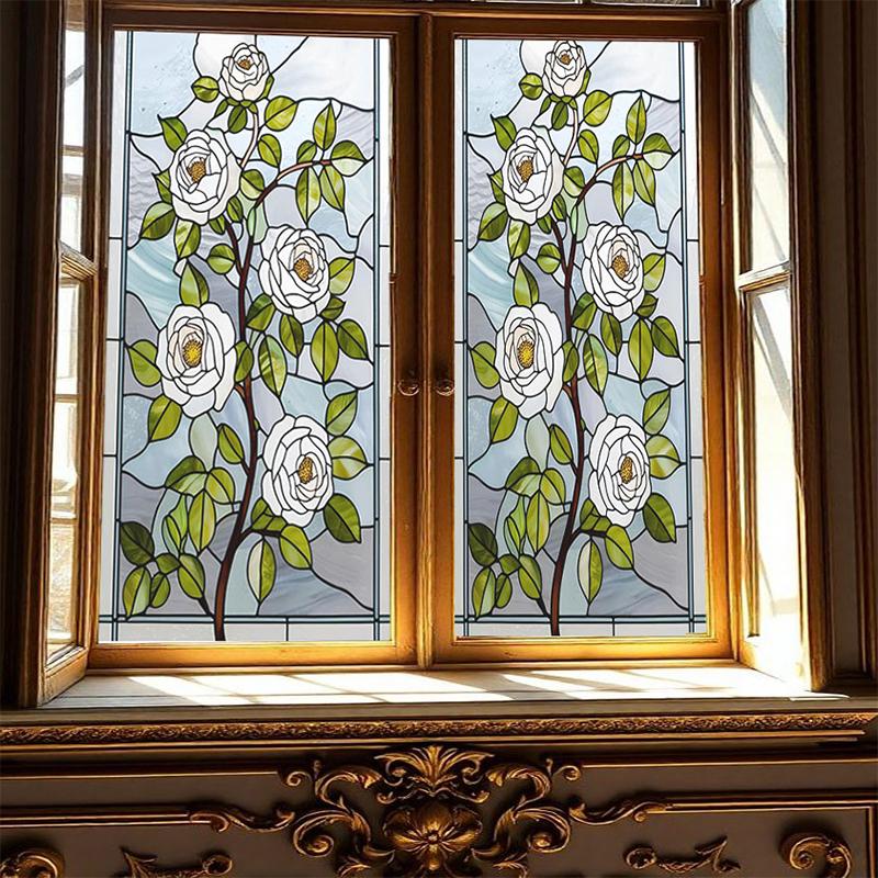 Retro Rose Glass Film Static Cling Self-adhesive Stained Glass Stickers Flower Art Painting Privacy Protection Window Film