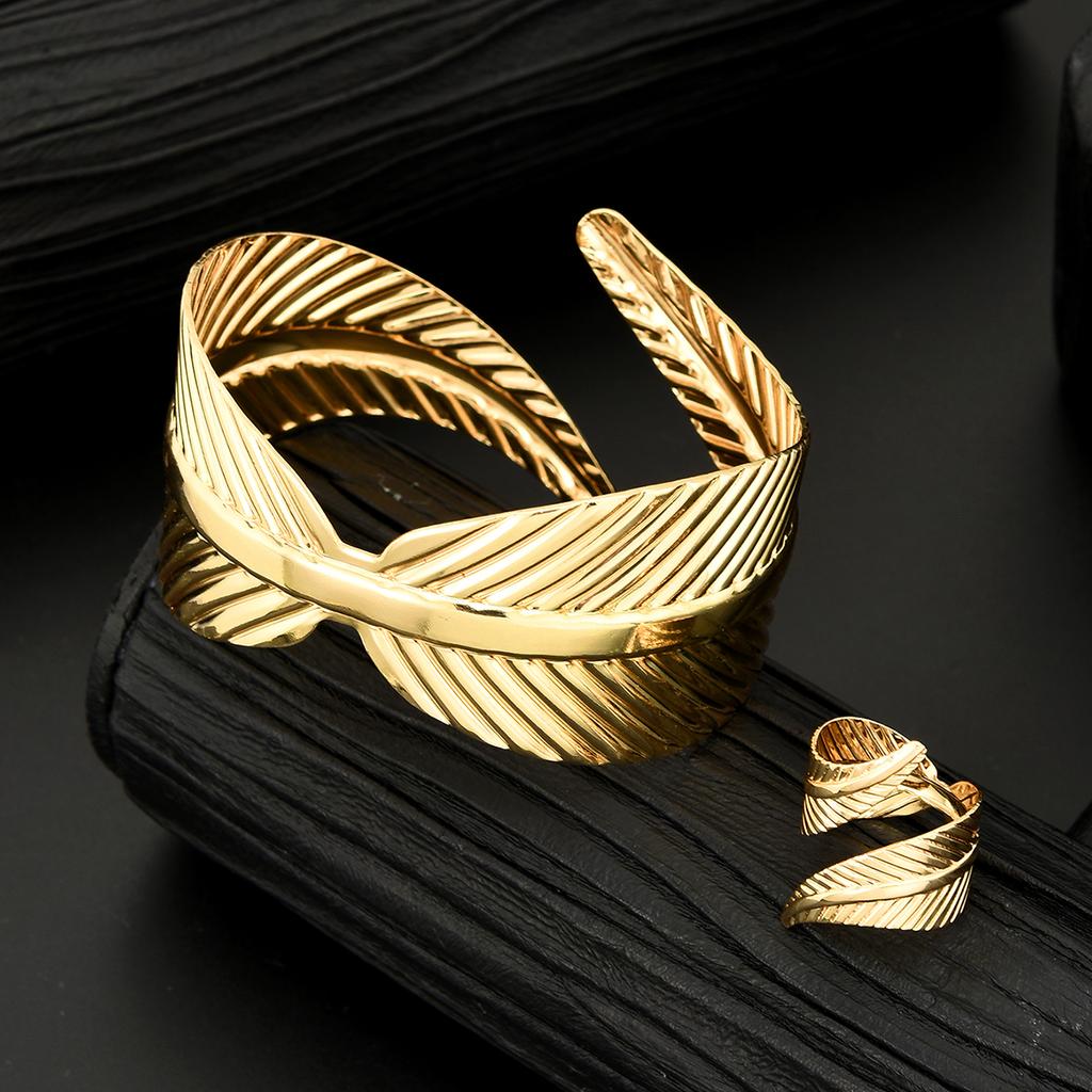 2Pcs/set Geometric Irregular Leaf Cross Bracelets Rings For Women Fashion Gold Color Openning Jewerly Sets Female Party Gift New