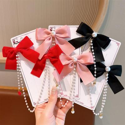 Red New Year Tassel Bow Hairpin with Pearls for Girls