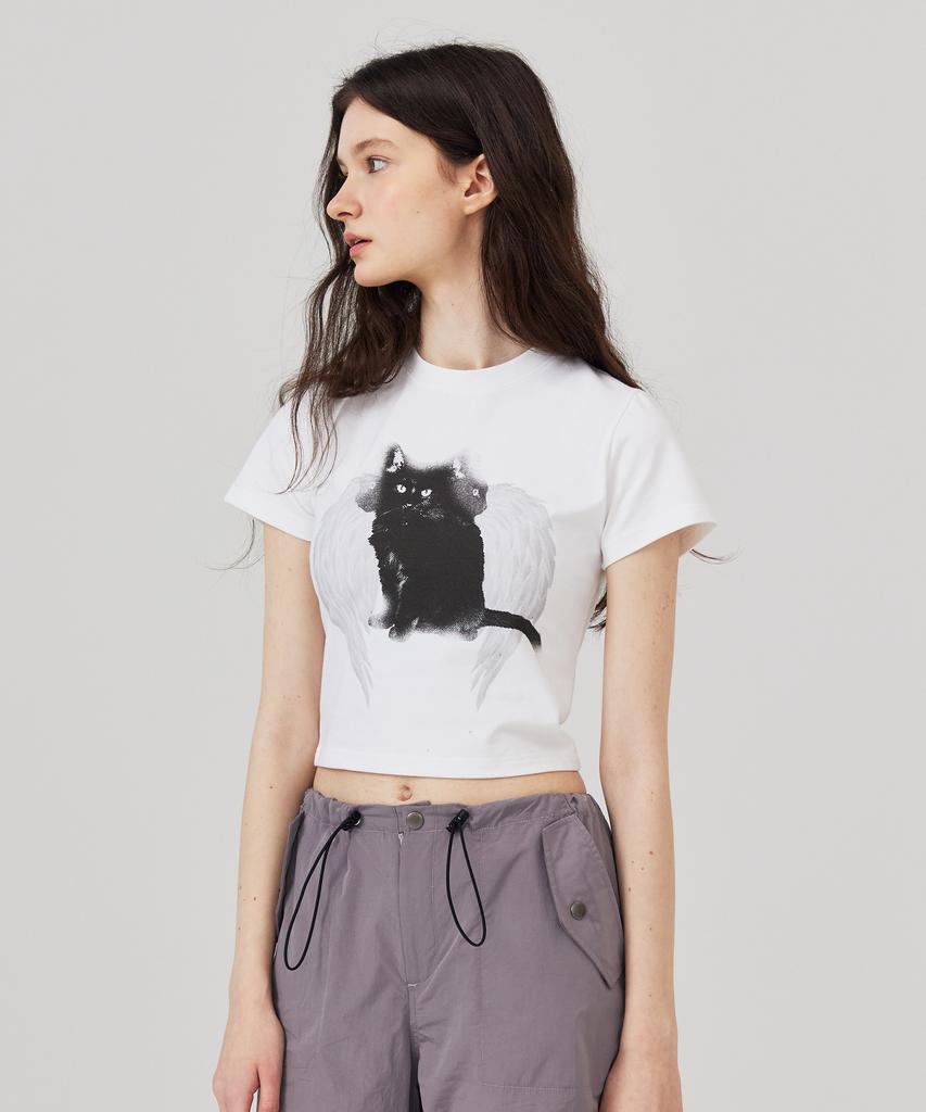 KITTY POTTERY Angel Cat Short Sleeve T-Shirt White