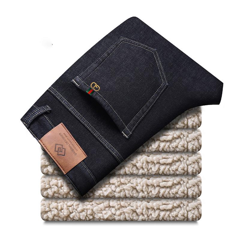 Fleece elastic jeans loose straight autumn and winter thick medium and green casual large size long pants