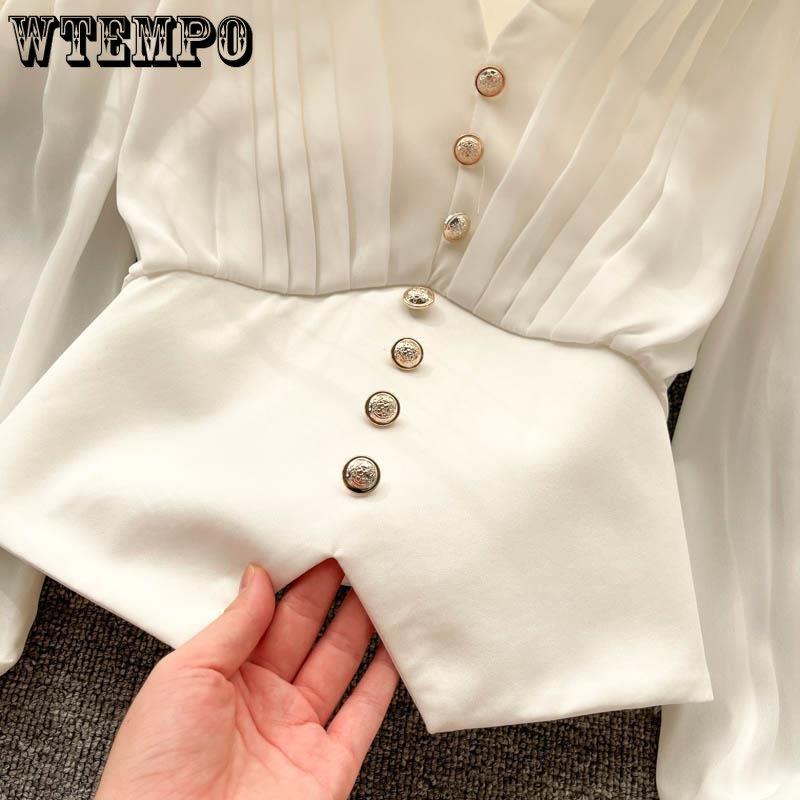 Jarní a podzimní dámská košile Design Sense Malá vráska Košile s výstřihem do V Dlouhý rukáv Košile s francouzským temperamentem Nepravidelný lem Elegantní košile s bublinkovým rukávem