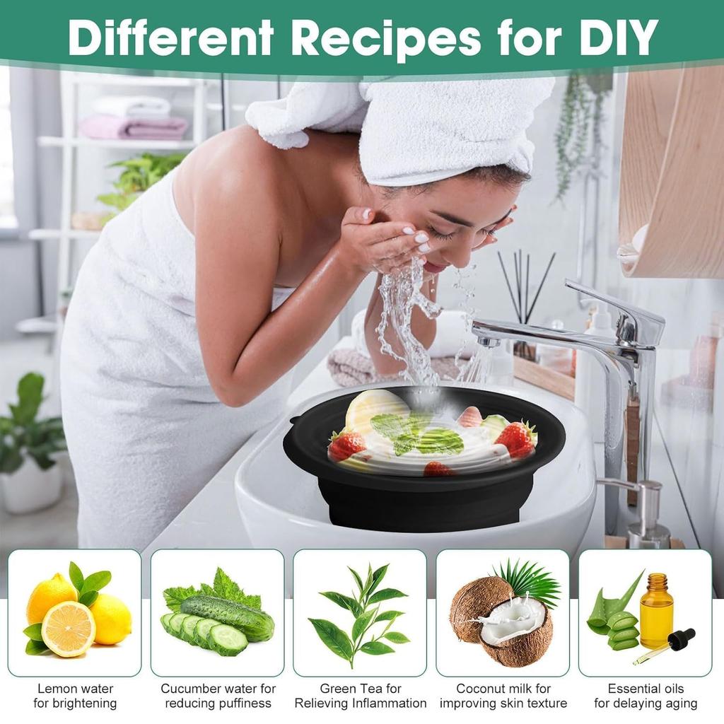 MARKWELL Silicone Collapsible Face Bowl with Built-in Ice Tray, Modern Style, Black, Round, Dishwasher Safe, for Face Bath, Soaking, Washing | BPA-