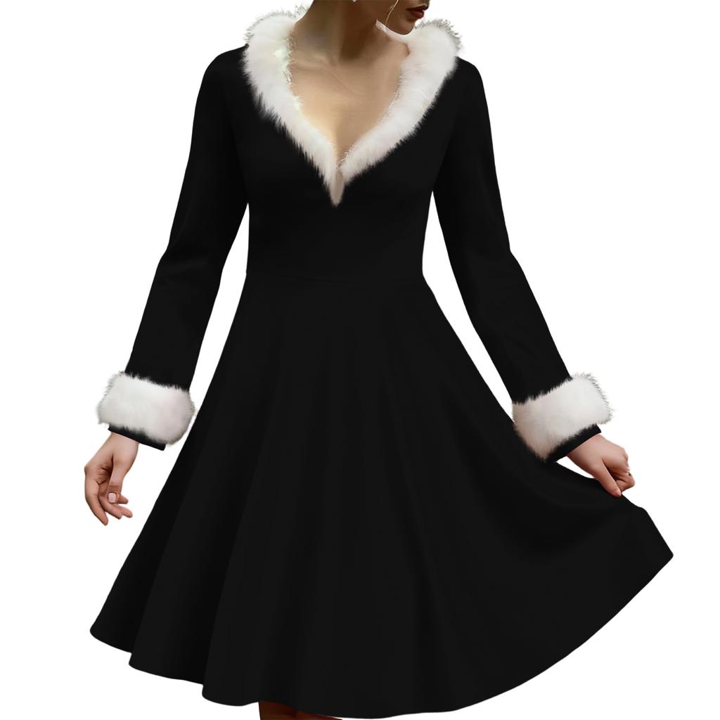 Women's Casual V-neck Christmas Print Plush Long-Sleeve Casual Dress