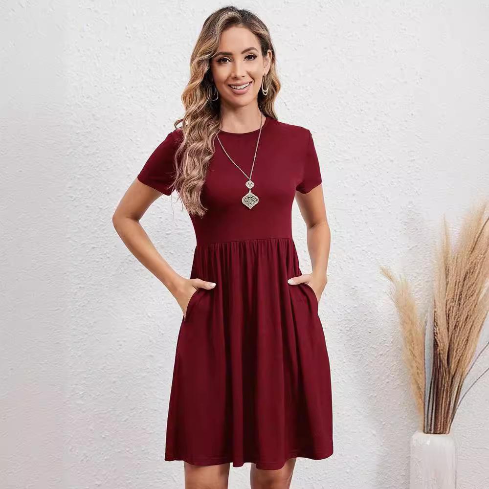 2024 Damen Elastischer Bund Strick Rundhals Kurzarm Sommerkleid