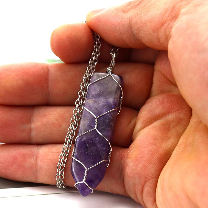 Handmade Sword-Shaped Amethyst Agate Crystal Mesh Bag Pendant Necklace