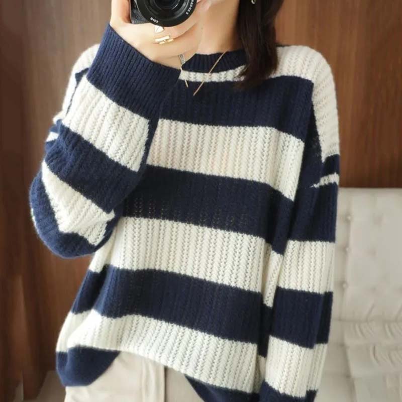 WTEMPO Lockere Pullover Streifen Damen Strickpullover Rundhals Langarm Oberteil Harajuku Büro Dame Lässig Unterhemd