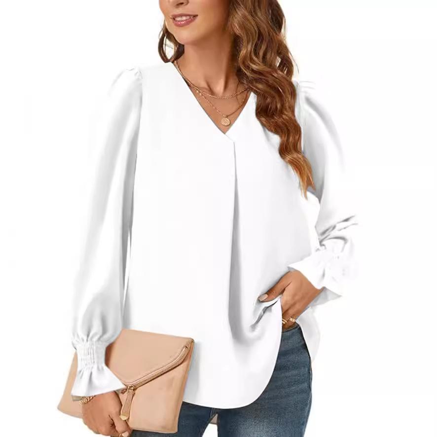 V-neck Pullover Shirt for Women Solid Long Sleeve Ruffled Loose Shirt Casual Fashion Elegant Work Long Sleeve Breathable Lightweight Soft Top