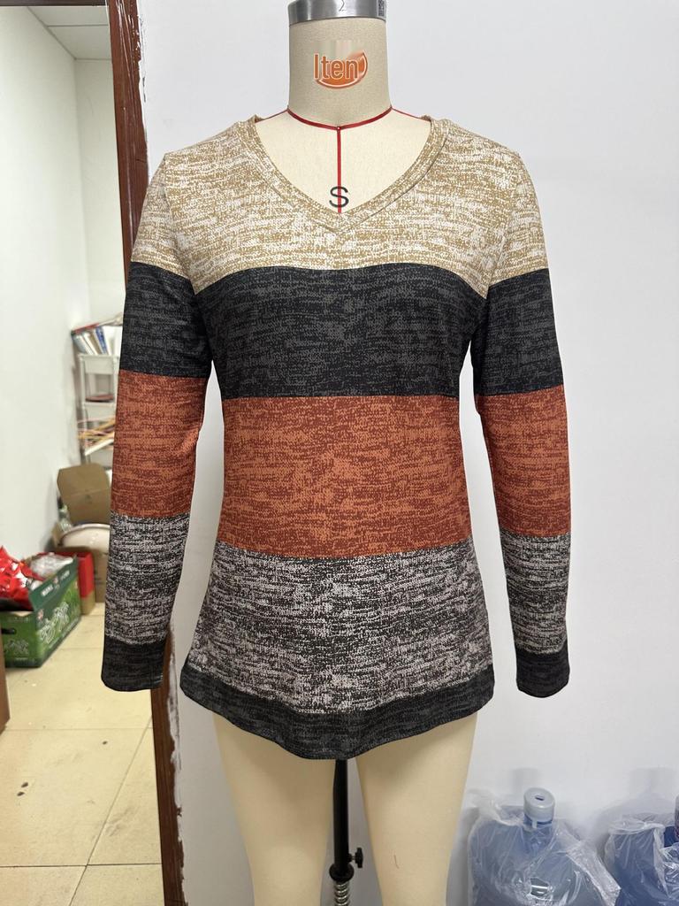2024 Autumn/Winter Women’s Casual V-neck Color Block Patchwork Long Sleeve Oversized Harajuku Top