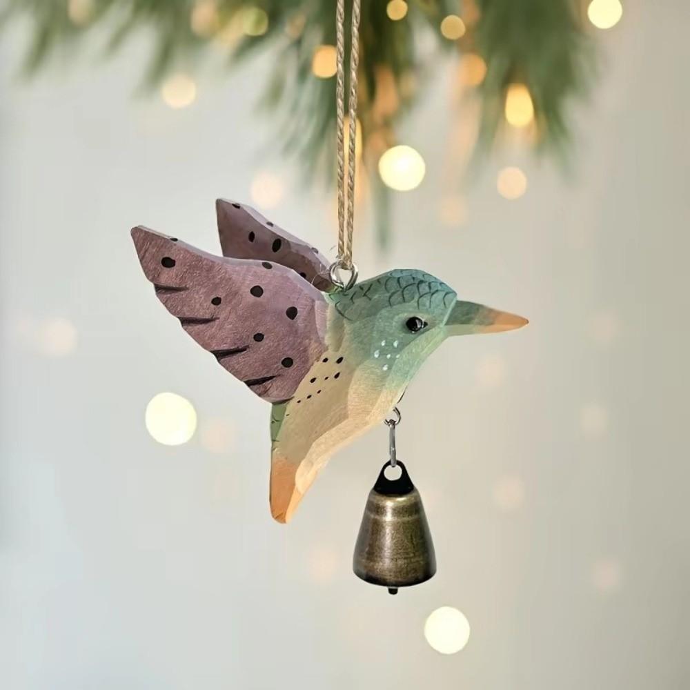 Hand-Carved Hummingbird Figurine Wooden Wood Grain Flying Bird Sculpture with Bell with Soothing Sound Wind Chime Pendant