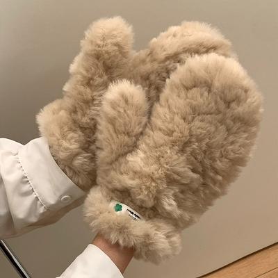 Plush Gloves Women's Winter Warm New Solid Color Ins Thickened Plus Velvet Mittens Windproof and Cold-proof Student Trend