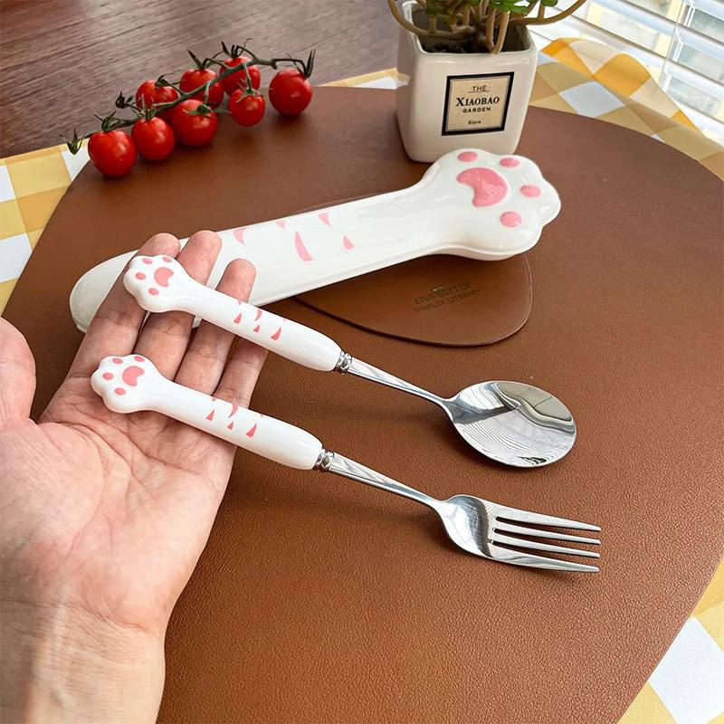 Stainless Steel Spoon and Fork Set with Storage Box Portable Tableware Cute Cat Paw Shaped Dinnerware Kit for Adults Kids School