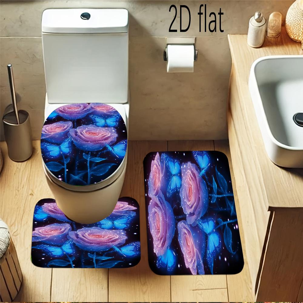 2Dflat 1pc/4pcs Fantasy Rose Butterfly Dance Print Shower Curtain Set, Decorative Bathroom Set Includes Shower Curtain, Non-Slip