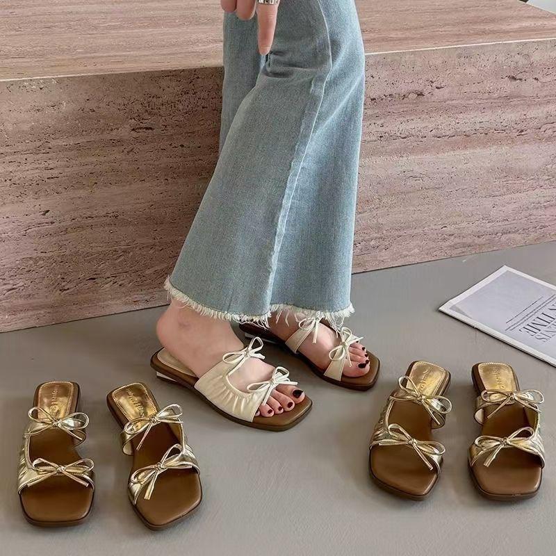 Versatile Thick Heel Square Head Open-toed Sandals Summer New Bow Outer Slippers Women