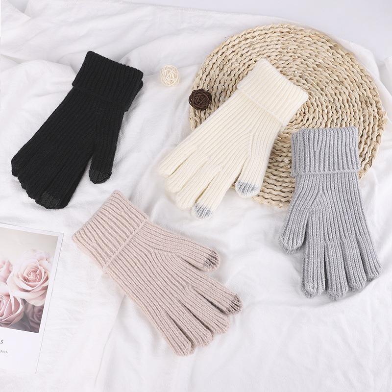 New wool knitted warm gloves finger cold-proof thickened cashmere soft skin-friendly women's touch screen gloves