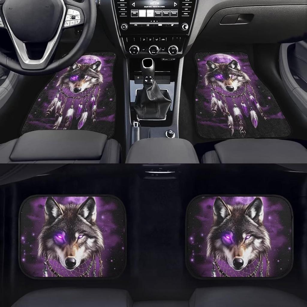 4pcs Wolf Car Floor Mats Set - Non-Slip All-Weather Fit for Cars SUVs Purple Wolf & Design - Heavy-Duty Full Set with Front & Rear Seats Trucks