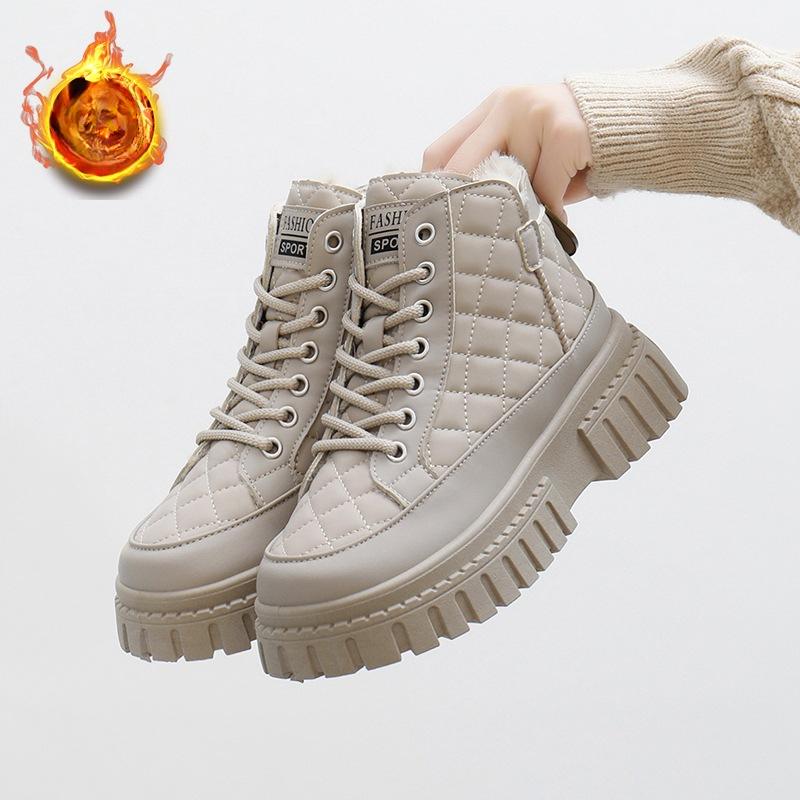 Lässige, klobige Plateau-Schneestiefeletten für Damen mit Kunstfellfutter, rutschfeste, warme Winterstiefeletten mit Schnürung, Schuhe für Damen, bequeme kurze Stiefel