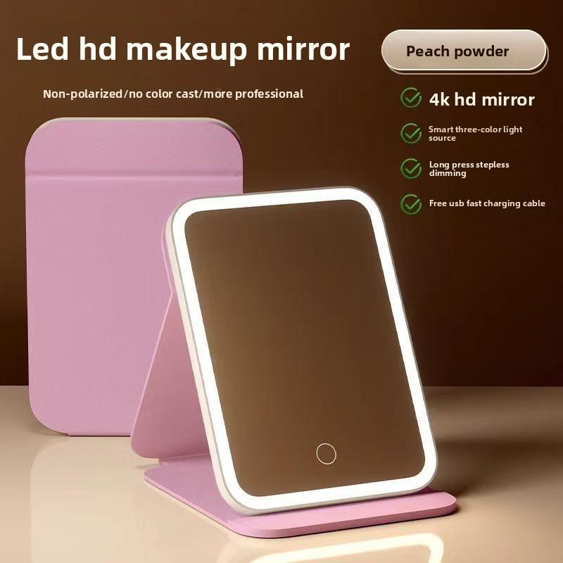 Portable LED Makeup Mirror with Foldable Design and Three-Tone Lighting for Desktop Use
