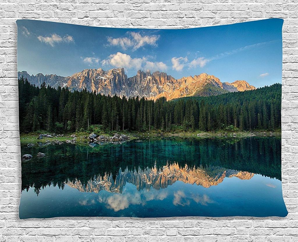 Landscape Tapestry Lake Mountain Forest Landscape Lago Di Carezza Wild Nature Scenic Picture Wide Wall Hanging for Bedroom