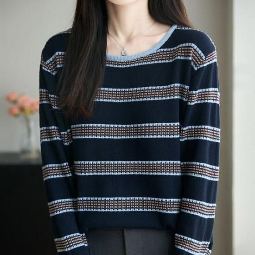 Navava Nk3218 Striped Point Round Neck Long Sleeve Knit Tee