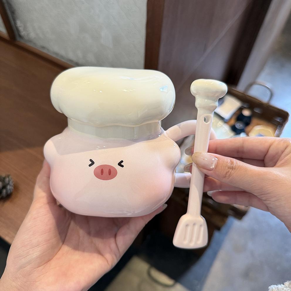 Chef Piggy Mug With Lid Spoon Bizarre Cup Ceramic Niche Drinking Cup For Girls' Birthday Gifts