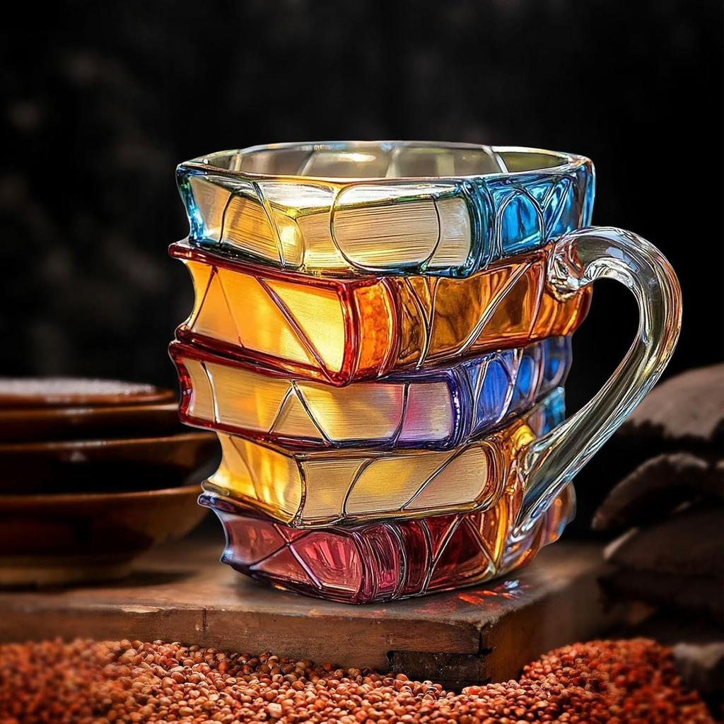 Painted Book Mug Novelty Coffee Mugs, 3D Handcrafted Painted Book Mug,Novelty Stained Glass Stacked Books Coffee Cup, for Readers Literature Lovers