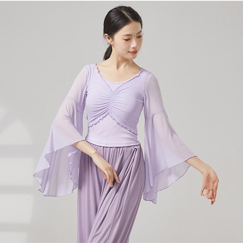 Klassisches Tanzoberteil Damen Ausgestellte Ärmel Hemd Gespleißtes Netz Training Performance Wettkampf Kostüm Fließende Chinesische Volkstanzkleidung
